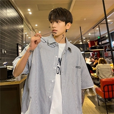 港风夏装2025新款短袖衬衫青少年男装半袖情侣衬衣HK14-P43领带3，男装T恤，电商A233-1
