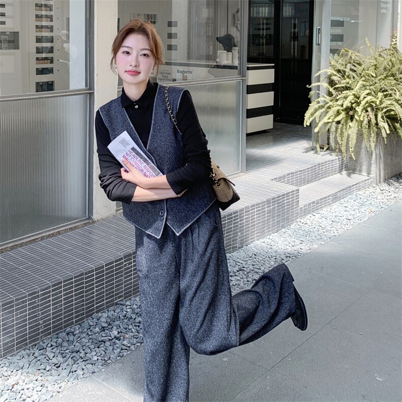 轻熟风韩系马甲阔腿裤套装女春秋2025新款ootd穿搭打底衫三件套,女装套装/套裙,2C056