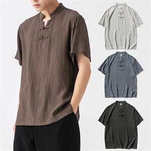 夏季 大码风棉麻亚麻宽松短袖盘扣衬衫中式立领T恤潮 F18/P50图片