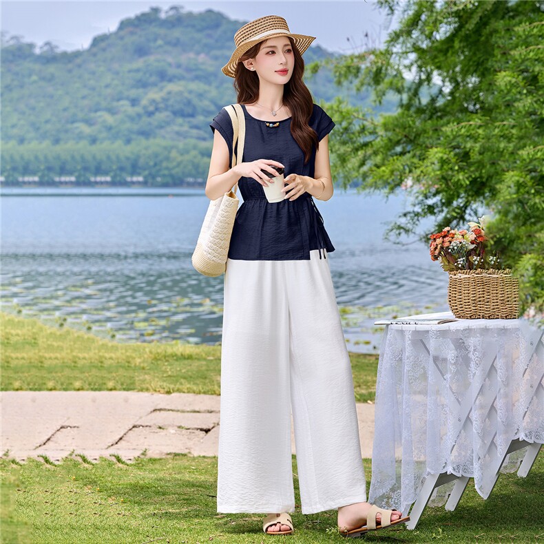 现货主推夏装女新款老钱风休闲减龄法式气质凉爽棉麻阔腿裤两件套,女装套装/套裙,韩美纤衣