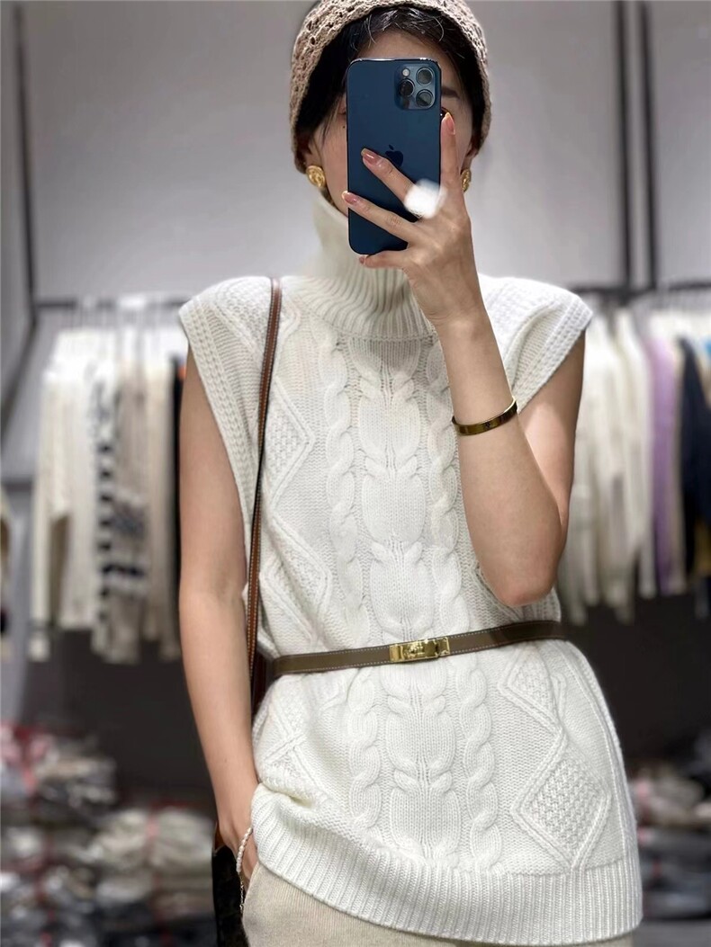 2024年秋季新款高领菱形扭花马甲女修身显瘦,女装马甲,千御纺羊绒