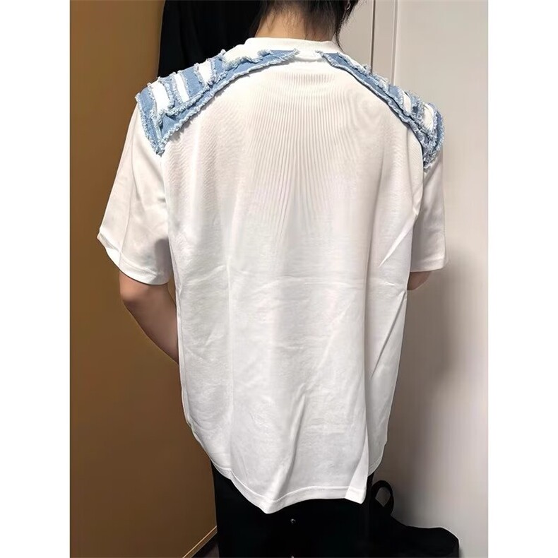 新款时尚慵懒原宿潮流毛边牛仔拼接垫肩t恤男夏季GTX84,男装T恤,星座208-5