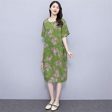 夏季新款大码女装胖mm宽松显瘦遮肚碎花连衣裙中长款妈妈裙子，女装连衣裙，妃曼