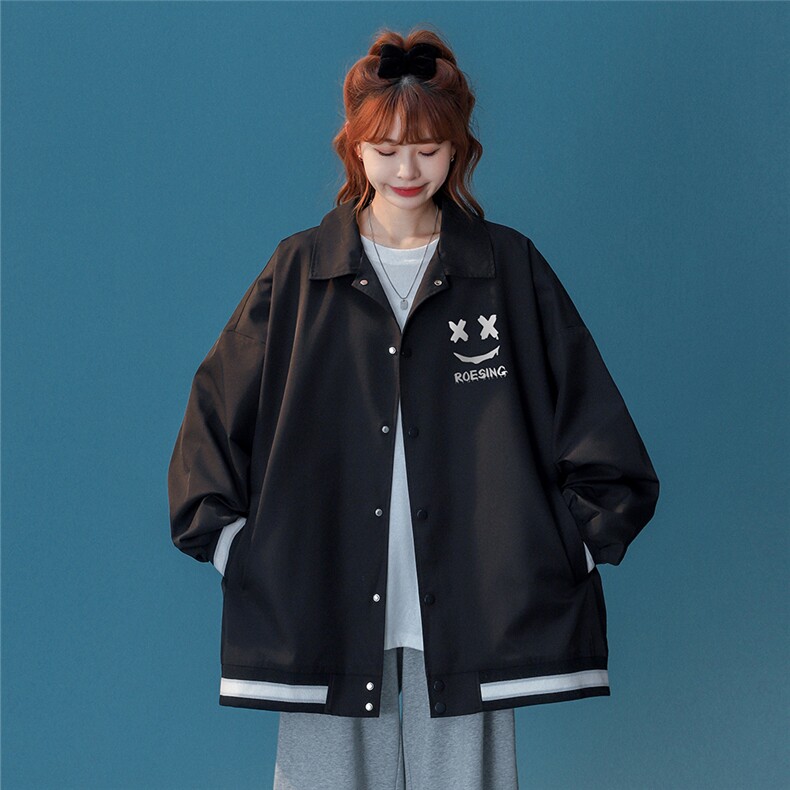 中性风秋季宽松休闲棒球服纯色笑脸情侣外套女G6720P65控78,女装短外套,电商A268
