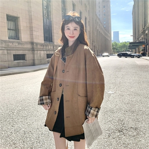 美拉德格纹拼接咖色外套女春秋2025新款甜美减龄穿搭大衣流行爆款图片