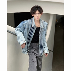 美式潮牌三条杠复古小众感牛仔外套男女夹克短款休闲百搭宽松上衣，男装工装外套，星座505-2（原电商A260-1)