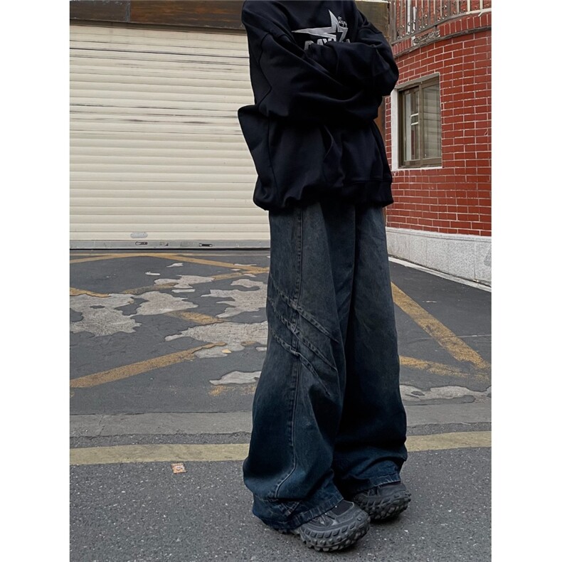美式复古拼接立体设计做旧水洗牛仔裤男秋季重磅宽松直筒阔腿裤潮，男装牛仔裤，星座506A