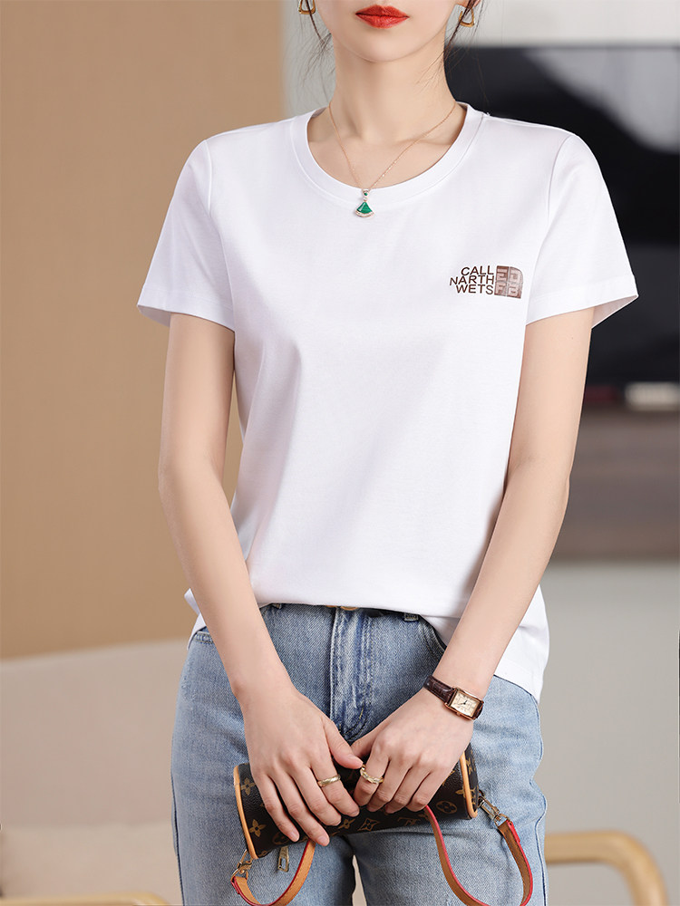 休闲风短袖简约高级印花棉T,女装T恤,元素羊绒