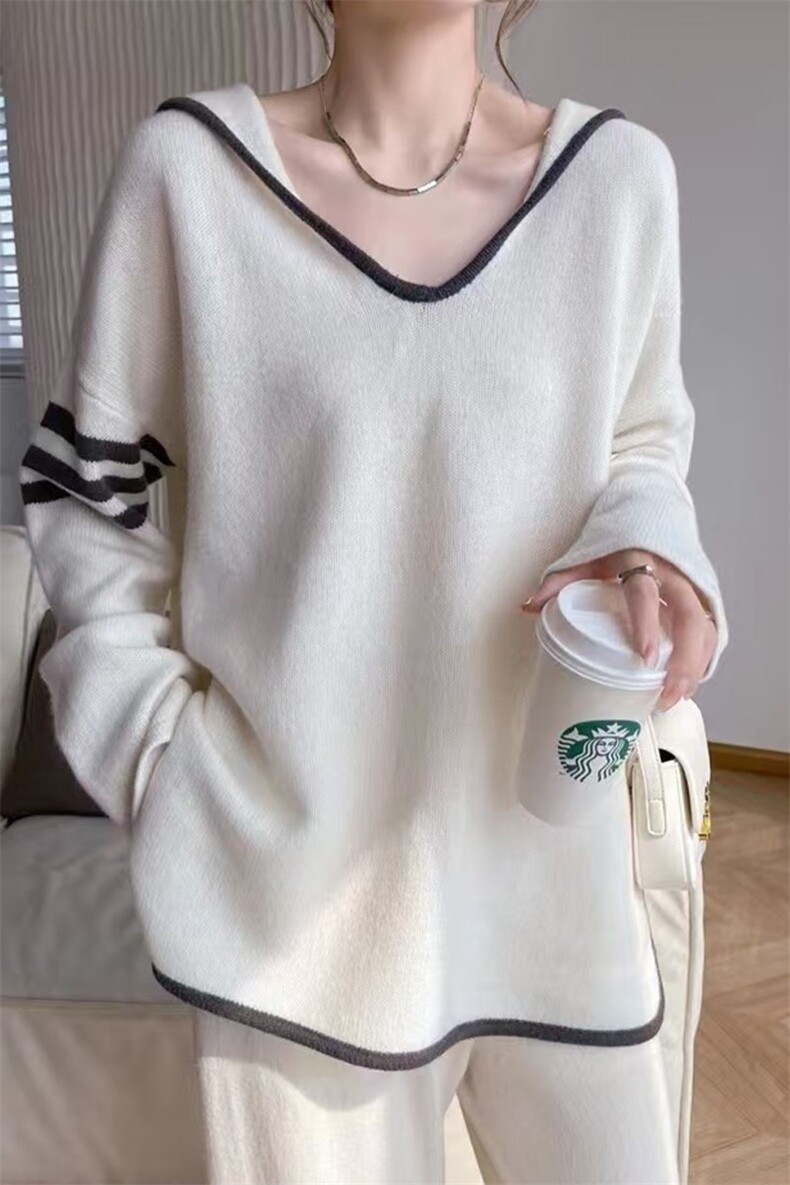慵懒感遮肉显瘦连帽羊绒外套女2024新款宽松中长版毛衣优雅针织衫,针织衫/毛衣,萱芳婷羊绒