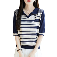 夏季100%莱赛尔天丝针织短袖T恤女polo领条纹上衣宽松半袖打底衫，女装针织衫/毛衣，唐诺