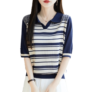 夏季100%莱赛尔天丝针织短袖T恤女polo领条纹上衣宽松半袖打底衫图片