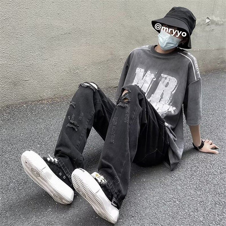 牛仔裤男夏季薄款美式高街vibe风破洞宽松直筒休闲长裤子N013-P45图片