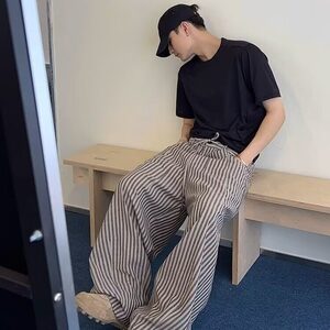 美式复古慵懒松弛竖条纹拖地裤男女港风休闲宽松百搭直筒阔腿裤图片