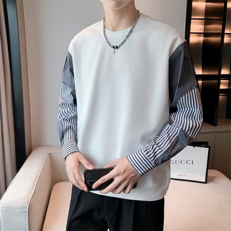 2024春秋季男士条纹拼接袖圆领卫衣假两件休闲宽松打底衫W8241,男装卫衣,星座1116A-2（原606A-1）