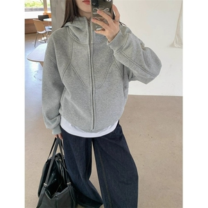 加绒加厚卫衣女秋冬高级感美式复古连帽宽松拉链外套WY10P49