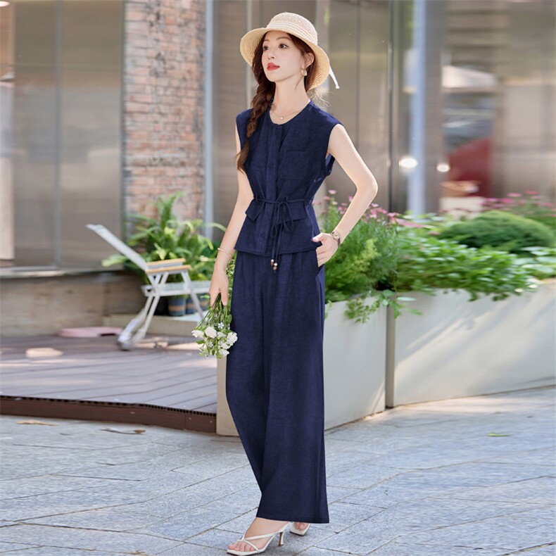 高端亚麻阔腿裤套装女夏2025新款老钱风小个子休闲时尚棉麻两件套,女装套装/套裙,魅影
