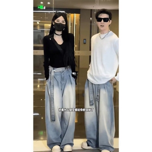 设计师款渐变水洗腰带牛仔裤男美式潮牌宽松阔腿直筒裤弯刀休闲裤图片