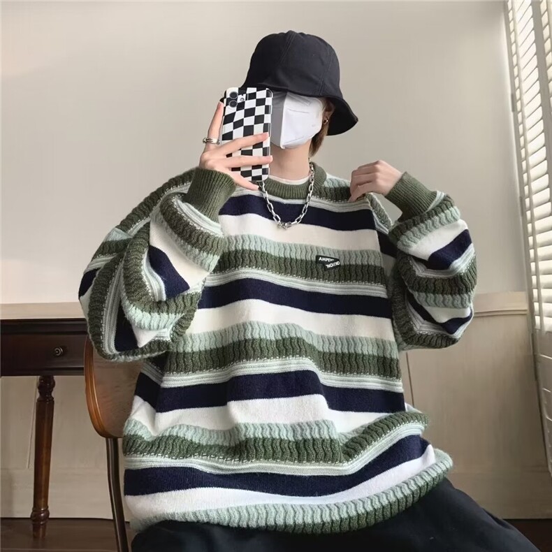 722-P43条纹圆领毛衣男秋冬设计感慵懒韩式套头针织衫宽松,男装针织衫/毛衣,电商B323A