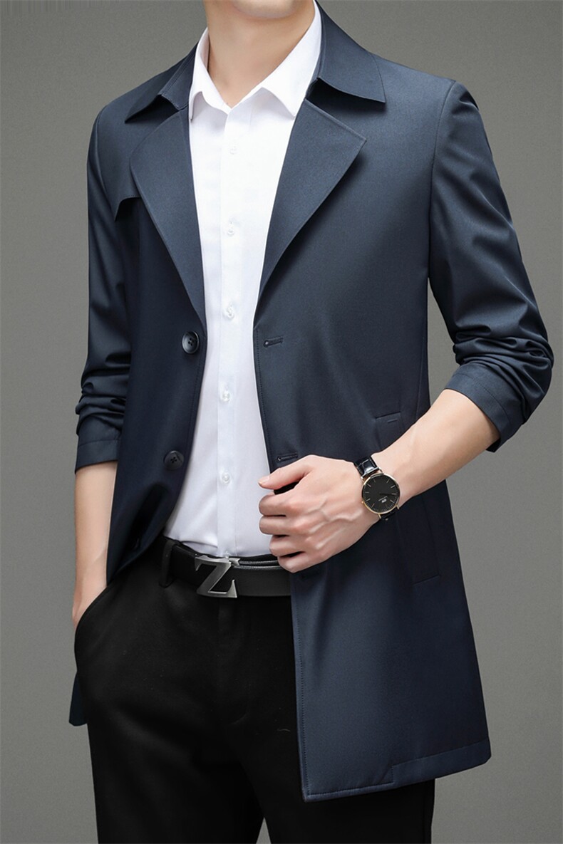 男士风衣中长款薄款2023春季新款中年翻领夹克风衣爸爸装上衣，男装风衣，电商B212（原钱塘6029）