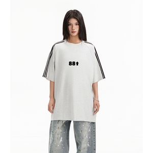 抖音得物高品质二开240克宽松纯棉美式潮牌三条杠织带短袖T恤图片