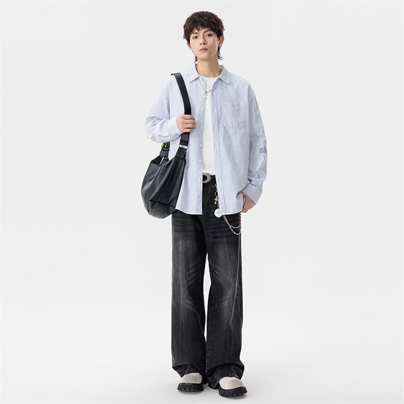 新款(跨境货源）长袖条纹衬衫男宽松休闲上衣,男装衬衫,星座1107-1