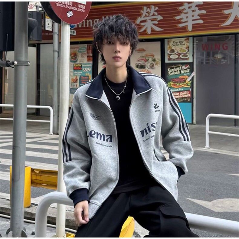 抖音得物美式高街重磅结构设计拼接织带立领印花卫衣外套ACM4202,女装短外套,电商A443