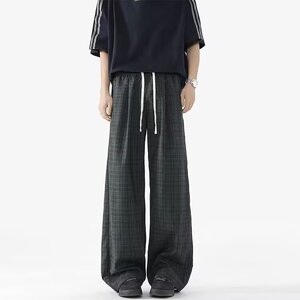 时尚复古格子松紧腰抽绳休闲裤长裤秋款大码阔腿裤男女h8042 P40图片