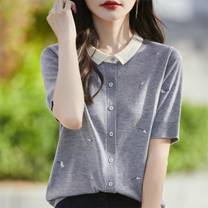 洋气减龄重工刺绣拼色POLO领针织短袖开衫女设计正肩半袖T恤上衣图片