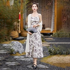 大码胖mm新中式禅意复古风内搭吊带裙夏季收腰显瘦碎花打底裙，女装连衣裙，妙形