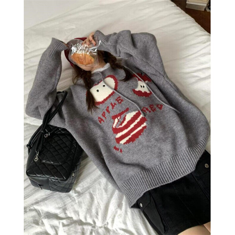 苹果提花圣诞氛围感连帽针织衫灰色毛衣女秋冬慵懒风宽松M3708,男装针织衫/毛衣,星座1116A（原606A-3）