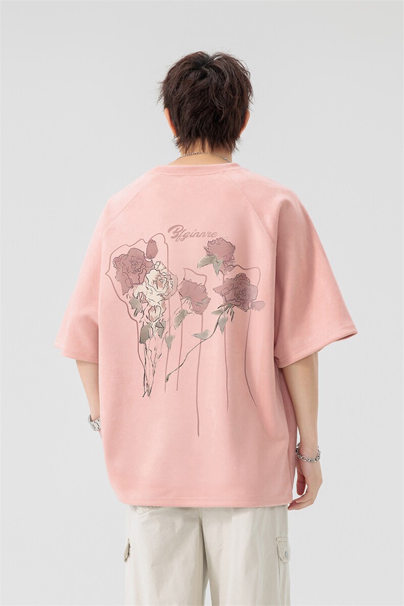 新款美式潮流麂皮绒短袖t恤大码宽松港风情侣半袖上衣H9927-P28,男装T恤,电商B295