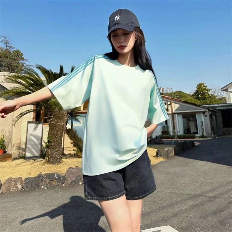 抖音得物品质二开240克宽松纯棉美式潮牌印花三条杠中性风短袖T恤,男装T恤,电商A486-1