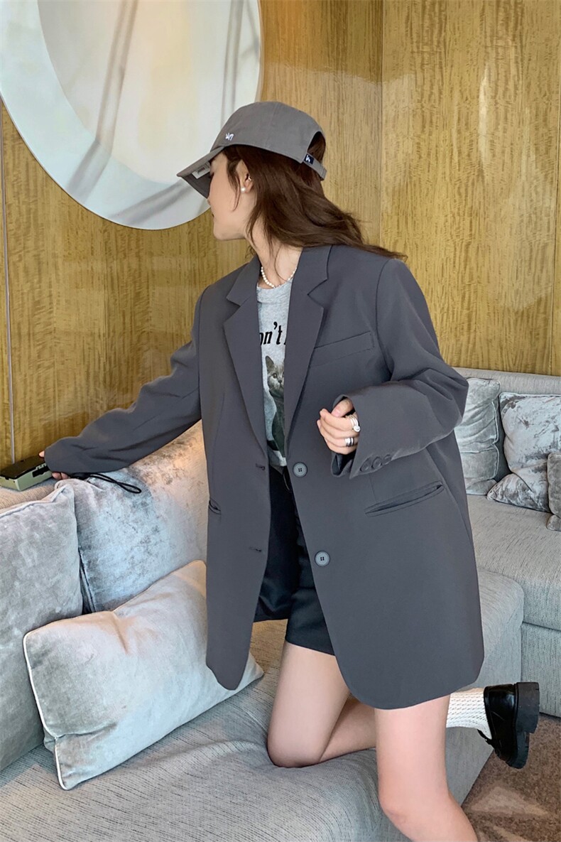 灰色后开叉小众设计感西装外套女2023春秋新款韩系小个子宽松西服,女装西装,菡迪欧娜