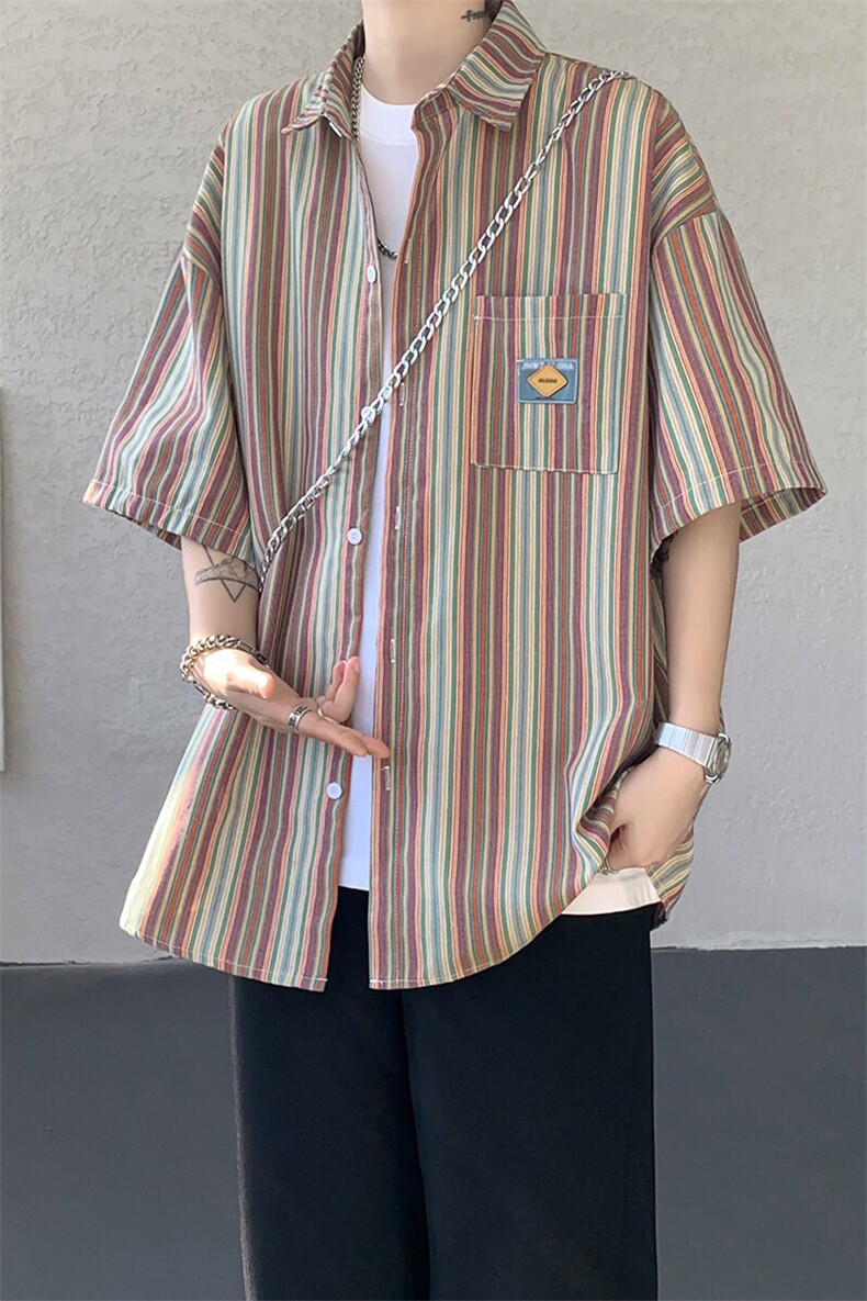 复古港风慵懒松弛感日系短袖条纹衬衫夏季情侣装短袖外套CS530P48,男装衬衫,电商D206-1