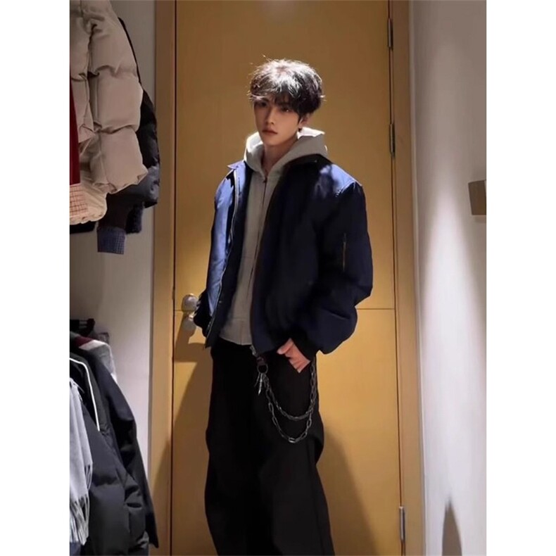 美式cleanfit外套男款秋季高级感翻领短款藏青色飞行员夹克棒球服,男装夹克,星座1001-1