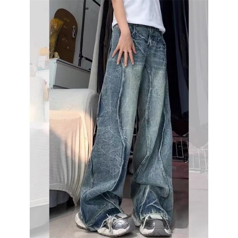 DG3150-P65美式拼接廓形牛仔裤男女闪电纹宽松休闲长裤-网图现货2,男装牛仔裤,星座603-2