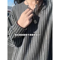 美式高街千鸟格子长袖T恤男女亨利V领英伦雅痞休闲宽松长袖打底衫，男装T恤，电商A486