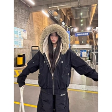 现货重磅boxy短款棉衣座山雕大毛毛领男女棉服水洗工装厚外套，男装棉衣，电商A486-1