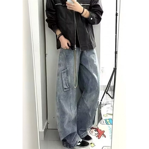柳钉设计口袋工装牛仔裤男女复古秋季阔腿裤做旧水洗 N558图片