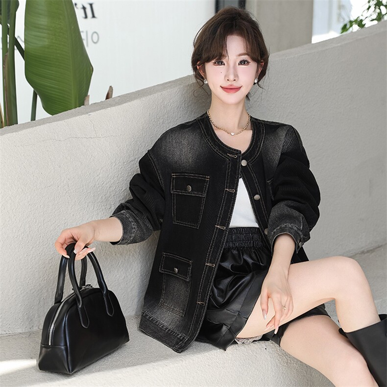 欧货圆领长袖牛仔外套女早秋新款设计感四口袋中长款美式短外套潮,女装牛仔外套,潮流依族