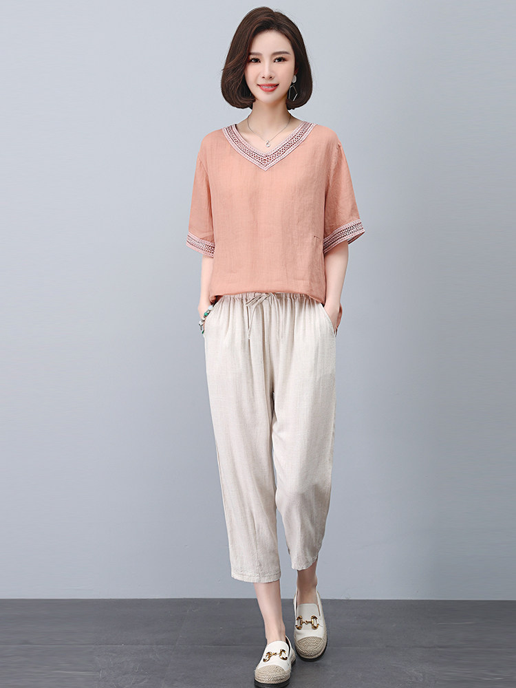 苎麻t恤女短袖2025新款夏季v领小衫中年妈妈刺绣时尚休闲宽松上衣,女装套装/套裙,悦见她