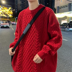 78267-P55港风纯色毛衣男冬季潮牌宽松圆领麻花毛衫线衣加厚打底图片
