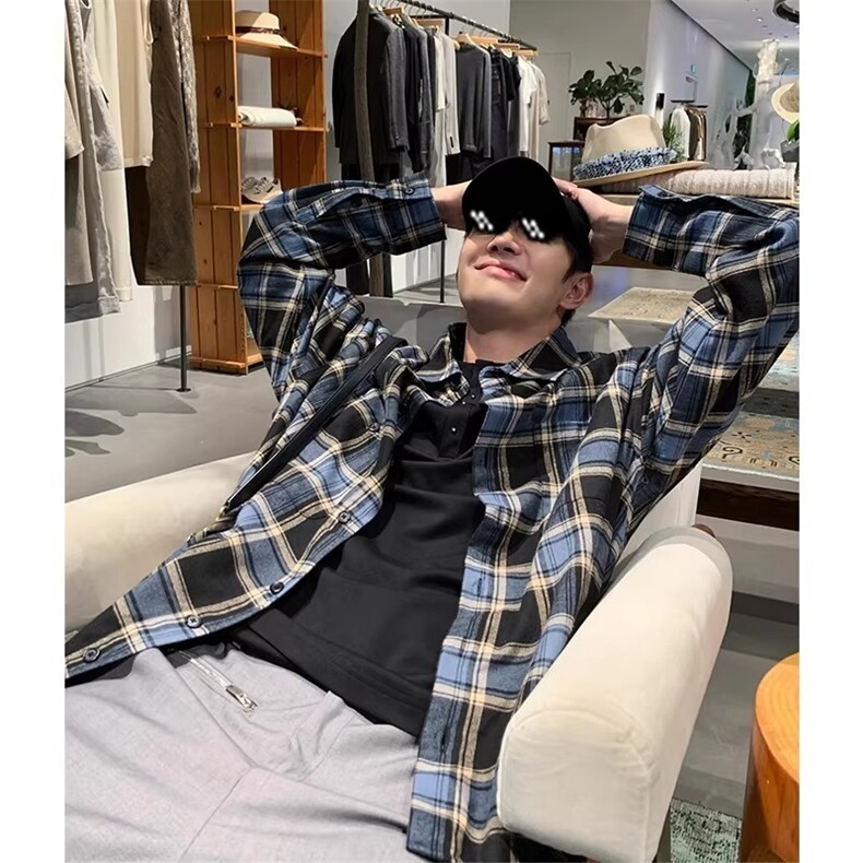 美式复古格子衬衫男秋季新款cleanfit长袖防晒衬衣高级感初秋外套,男装防晒衣,星座506A