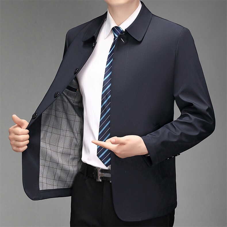 春秋款款纯色纽扣夹克中老年单排扣休闲茄克商务翻领上衣行政外套，男装夹克，钱塘6003（原4033）