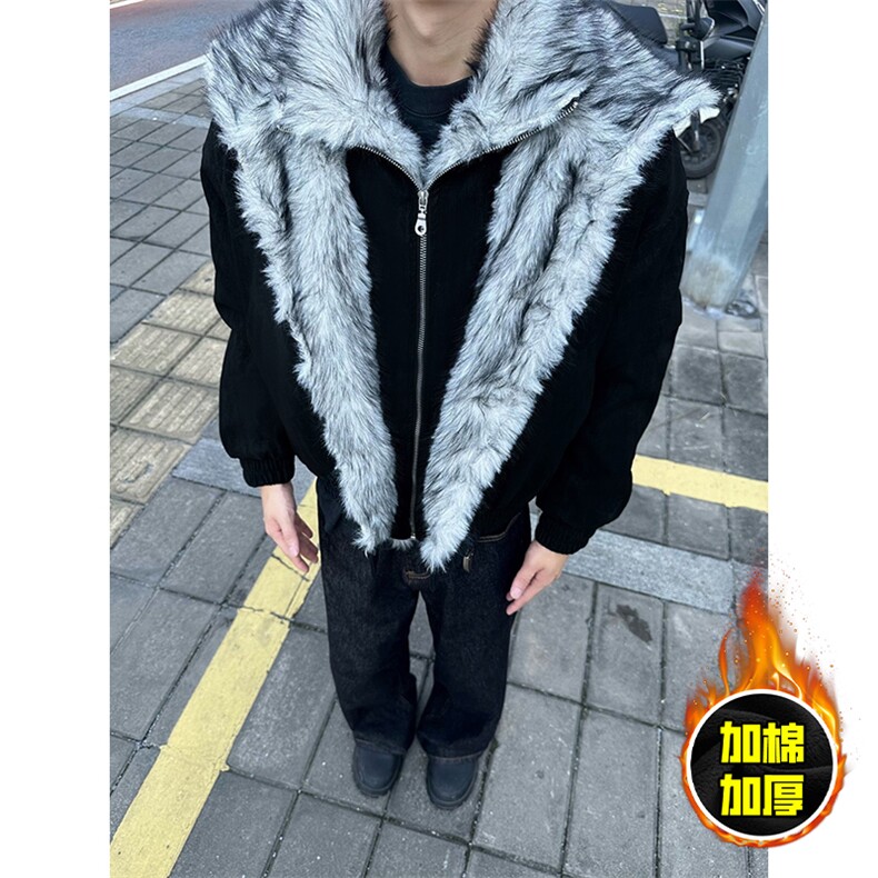 现货高品质美式高街重磅狼王座山雕毛毛领假两件棉衣加厚棉服外套,男装棉衣,电商A443