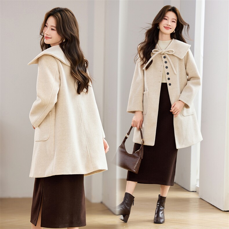 米色韩系大女主气质毛呢大衣女2025年冬季新款披肩装饰系带呢外套，女装毛呢外套，江南富贵女