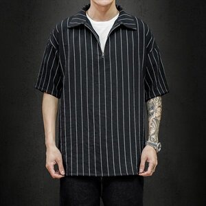 灰墙 夏季条纹拉链新款短袖体恤衫潮男宽松大码polo衫T2005-P40图片
