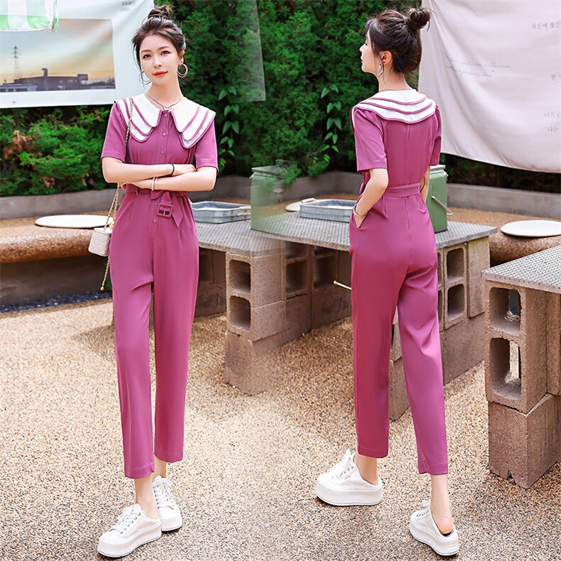 高腰垂感工装连体裤女2025年夏装新款时尚显瘦短袖西装阔腿连身裤，女装连体裤，米雪儿
