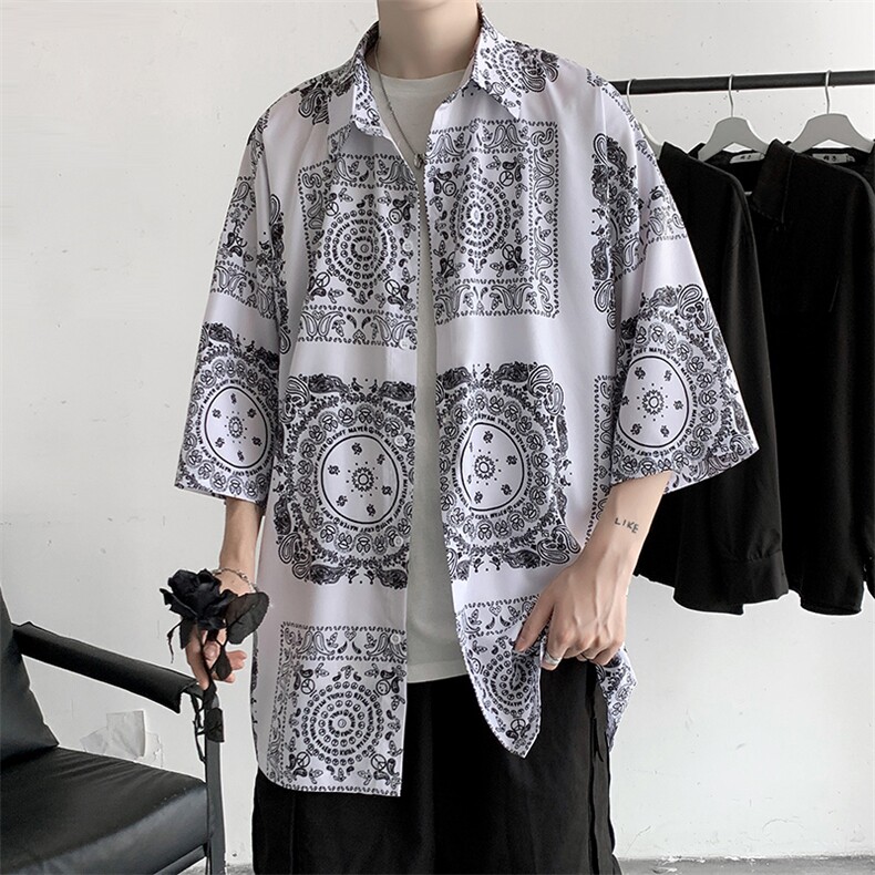 夏装男印花冰丝短袖衬衫青少年潮流宽松碎花衬衣A071-C16-P35，男装衬衫，电商A071