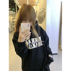 5589-P55原版做工压线+植绒刺绣纯棉华棉连帽卫衣薄款/加绒，女装卫衣/绒衫，星座617A-2